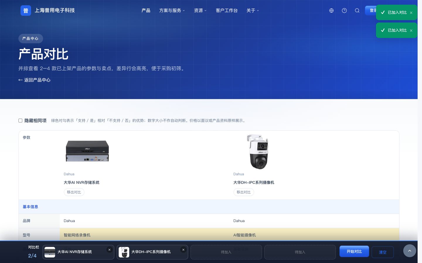 产品对比表，可隐藏相同项
